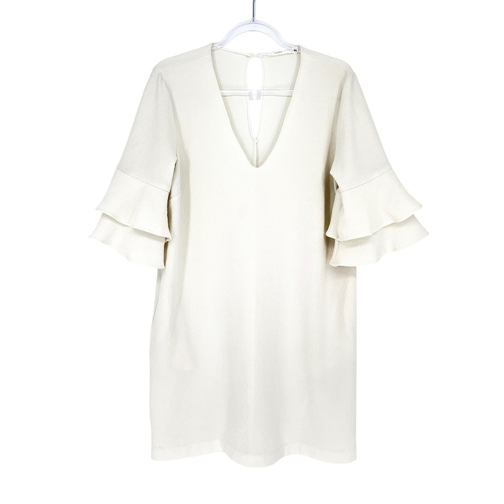 Lush Shift Dress Womens Medium Cream Ruffle Sleeve‎ V-Neck Pockets